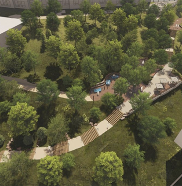 A rendered image of a hillside path.